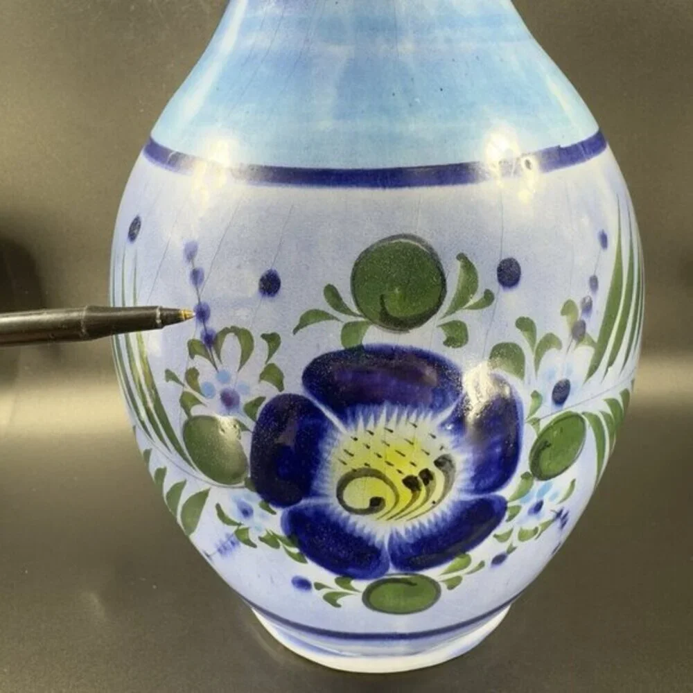 Vintage Mexican Pottery Jug‎ Tall Vase Hand Painted Stoneware Decor Marked VTG